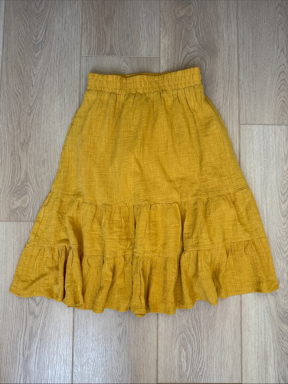 Passport 100% Cotton Yellow Tiered Midi Skirt Crinkle Gauze Boho Elastic Waist S
